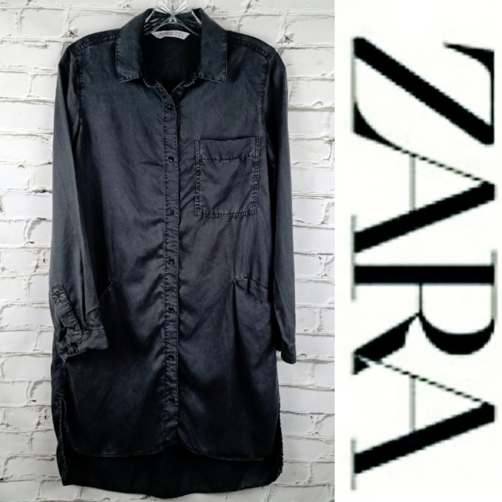 ZARA Womens Black Silky Short Shirt Dress Size XS
